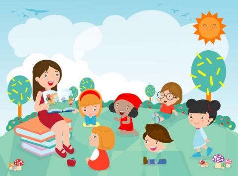 A drawing of women reading to children outside