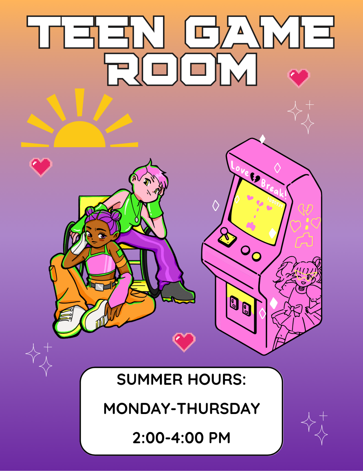 Teem Game Room summer hours flyer.